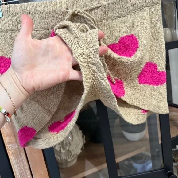Beach Riot Beige Knit Heart-Print Lounge Shorts with Pink Hearts - Picture 8 of 9
